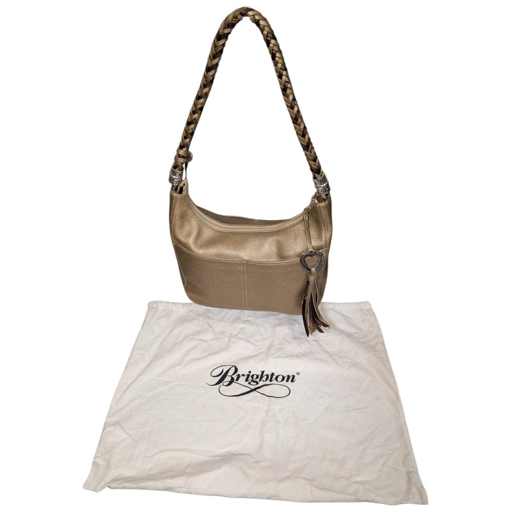 Brighton Metallic Gold Pebbled Leather Braided Strap Hobo Bag D786880